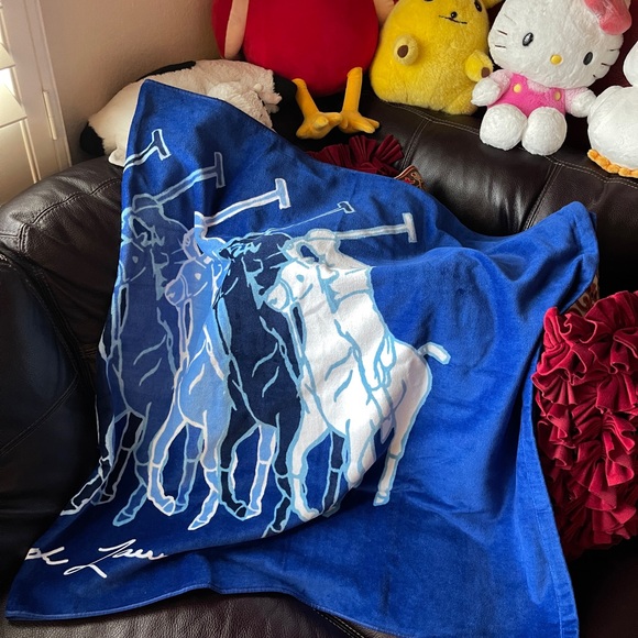 RALPH LAUREN Beach Towel 35x66 Blue Multi POLO PONY French Terry NEW $118 - Picture 3 of 6